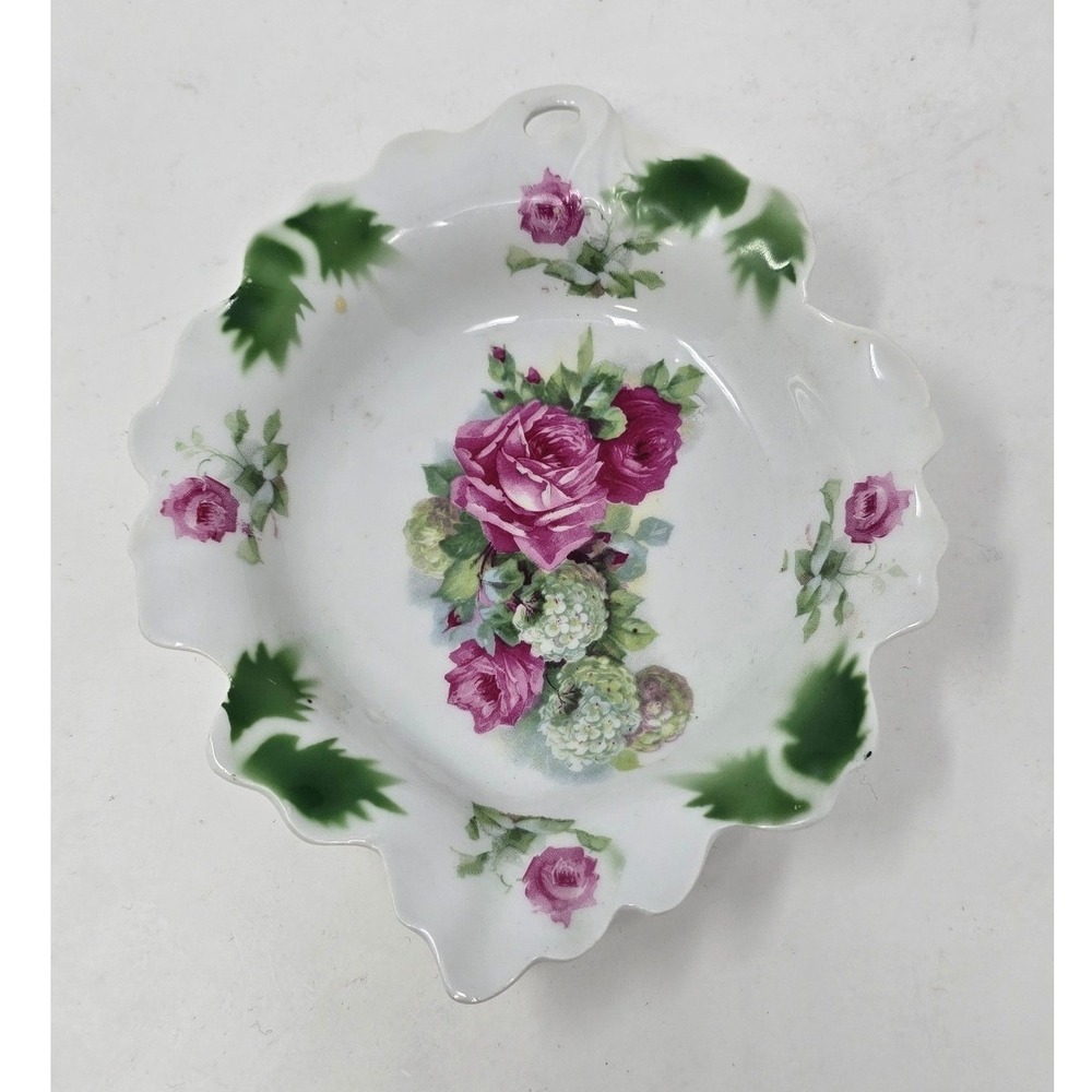 Vtg porcelain trinket dish home decor floral leaf shape scalloped Germany